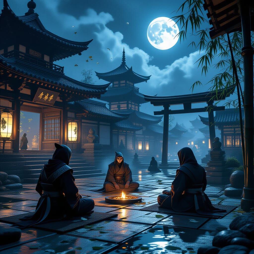 Animal Ninjas Council in Moonlight Dojo: Hyperrealistic 8k