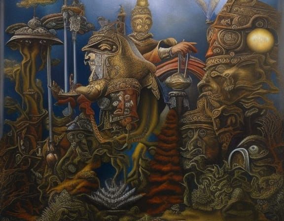 Surreal Tea Party in Bogomil's Universe as Oil Painting