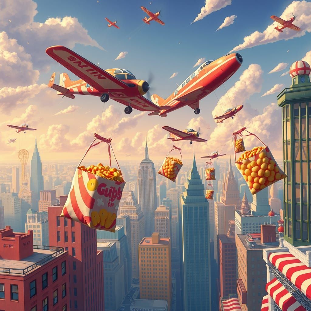 Snack Drop Over Cityscape: A Digital Realism Scene