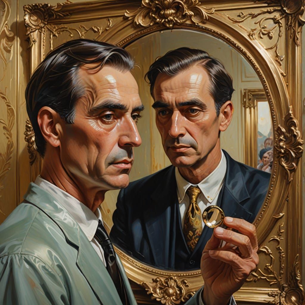 Surreal Oil Painting: Man with Mirror Reflection