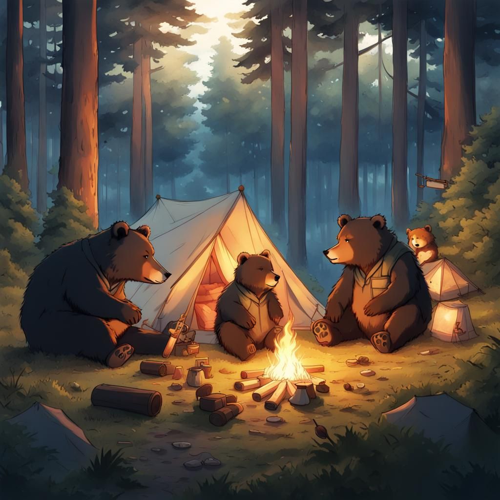 Bears Camping in Anime Art Style