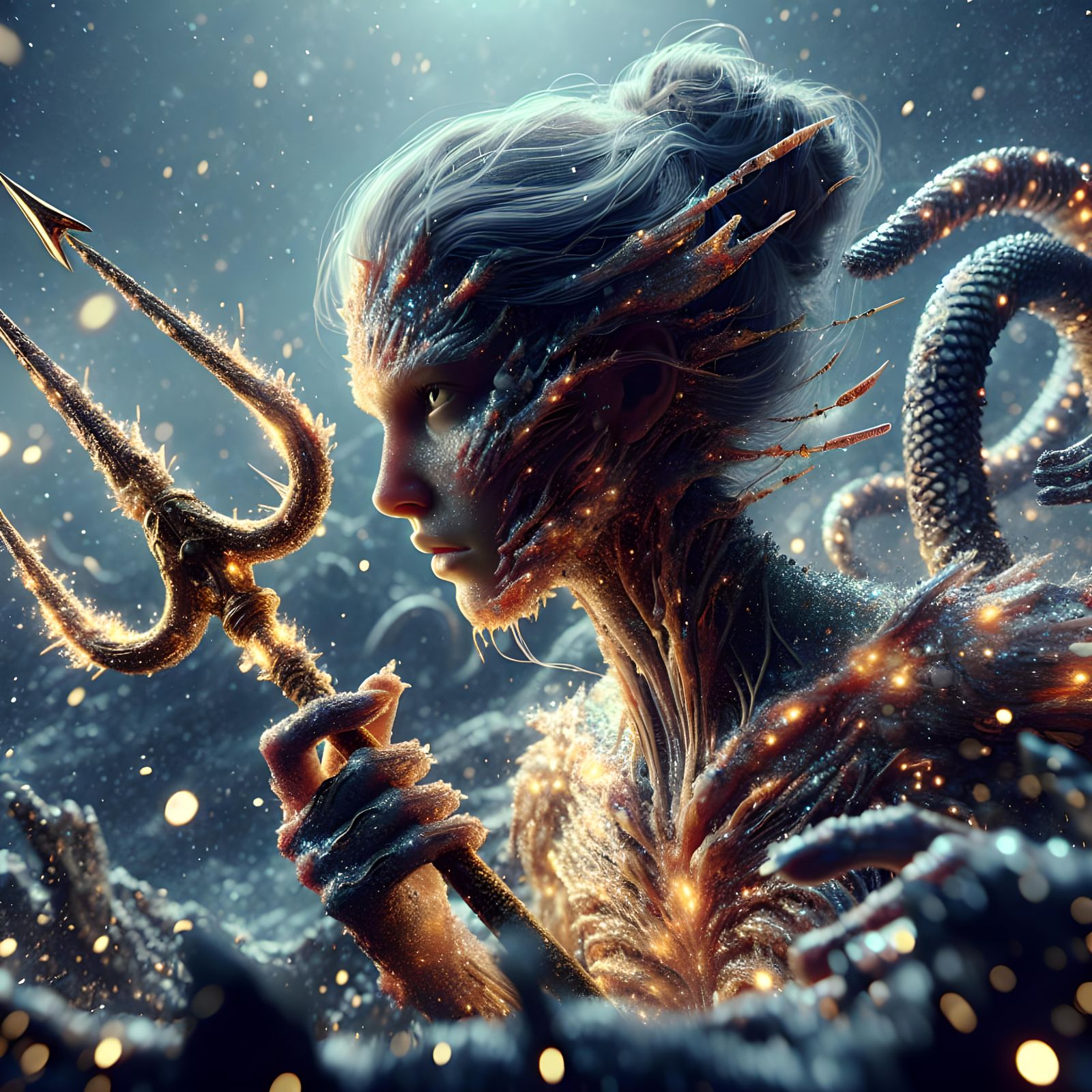 Sparkling Mutant Snake Girl with Trident: Epic Digital Art