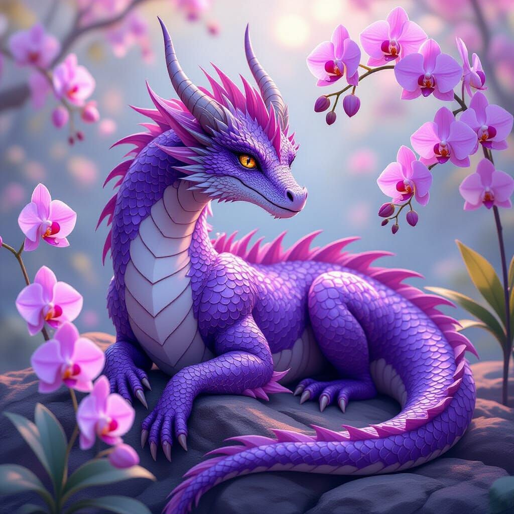 Majestic Purple Dragon Surrounded by Pink Orchids
