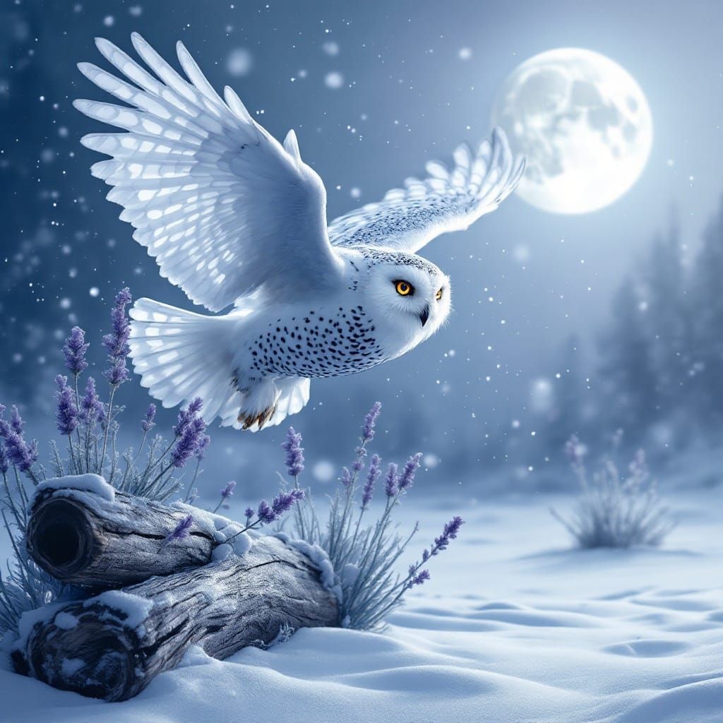 Snowy Owl in Flight Under the Full Moon