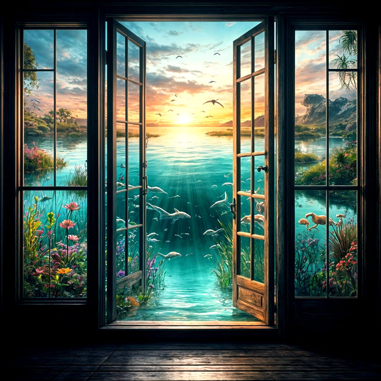 Surreal Mindscape: Wetlands Sunset in Double Exposure