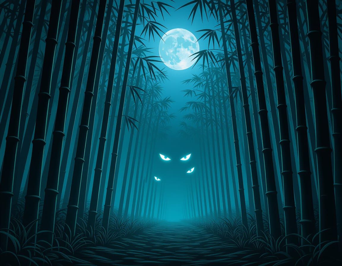 Eerie Bamboo Forest at Night: Horror Movie Scene