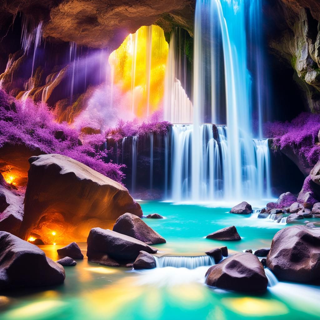 Magical beautiful water fall within a beautiful cave full of amethyst crystals& magical vibes& ethereal vibes& oasis vib...