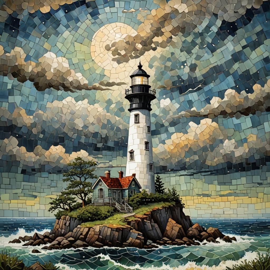 Stormy Lighthouse in Pointillism Stained Glass Style