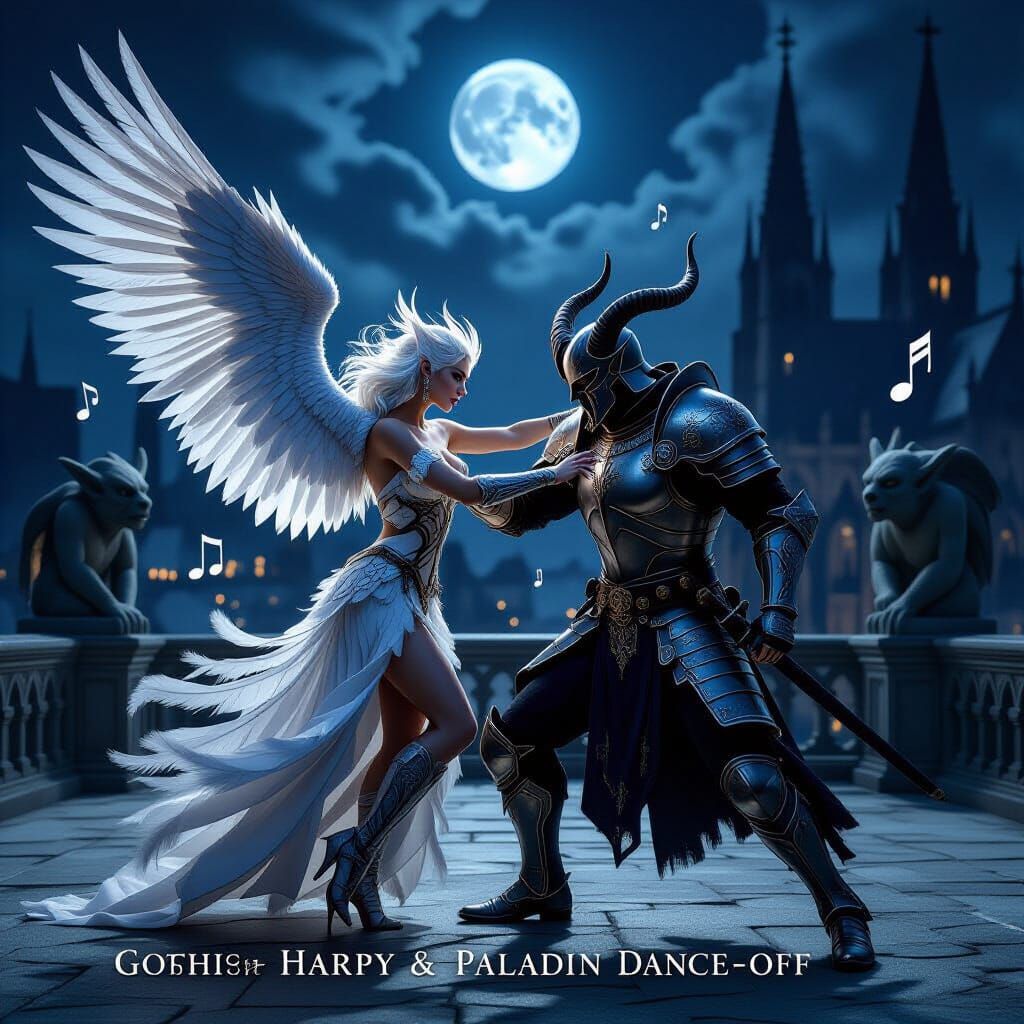 Gothic Harpy & Paladin Dance-Off in Moonlight