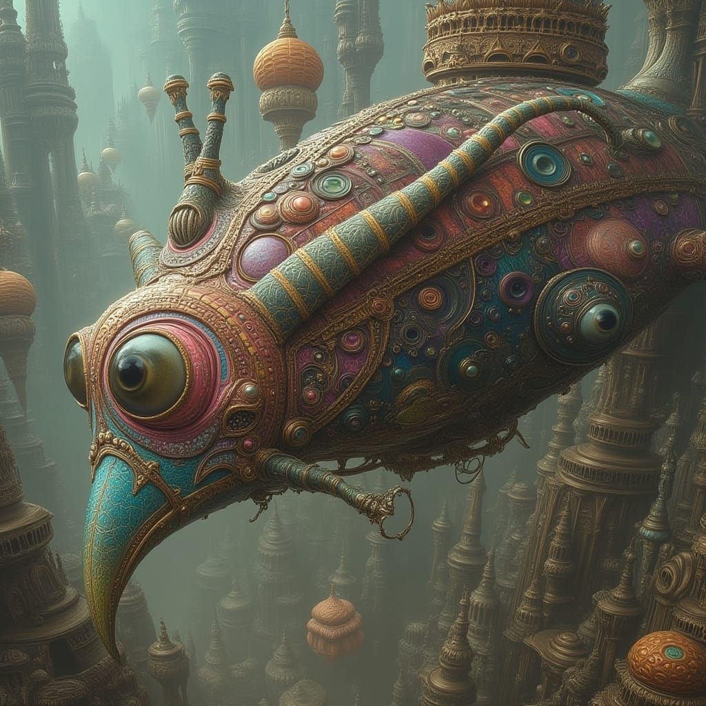 Absurdist Dodo Bird Rides Zeppelin Over Futuristic City