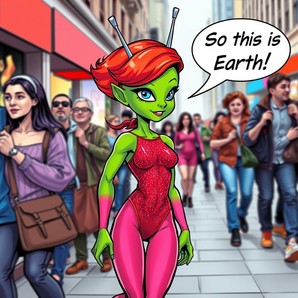 Vibrant Alien Superheroine Explores Bustling City Streets in...
