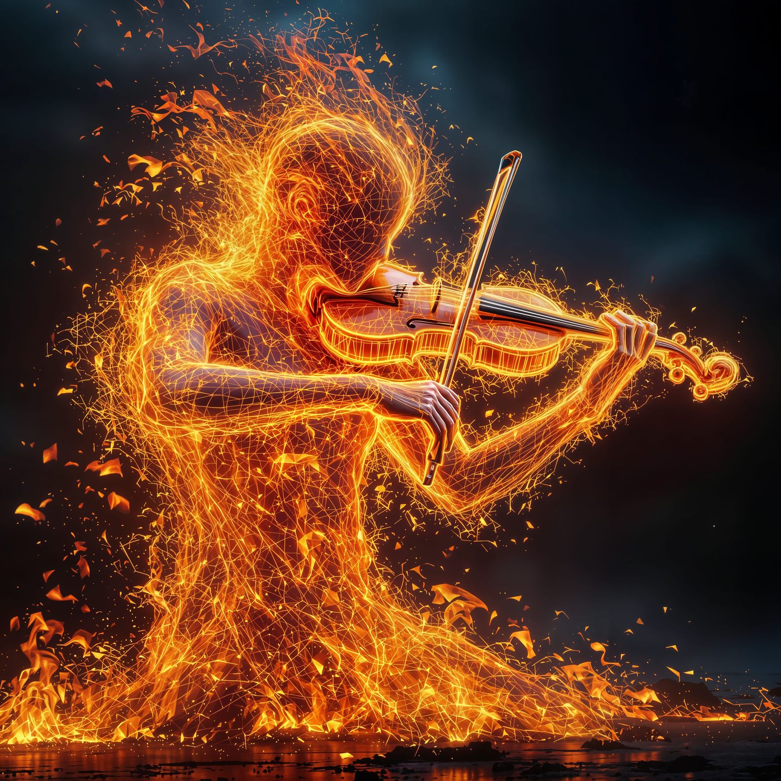 Fiery Violinist: A Volumetric Fantasy Art Piece