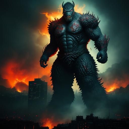 Kaiju Tanaka Amidst Burning Cityscape