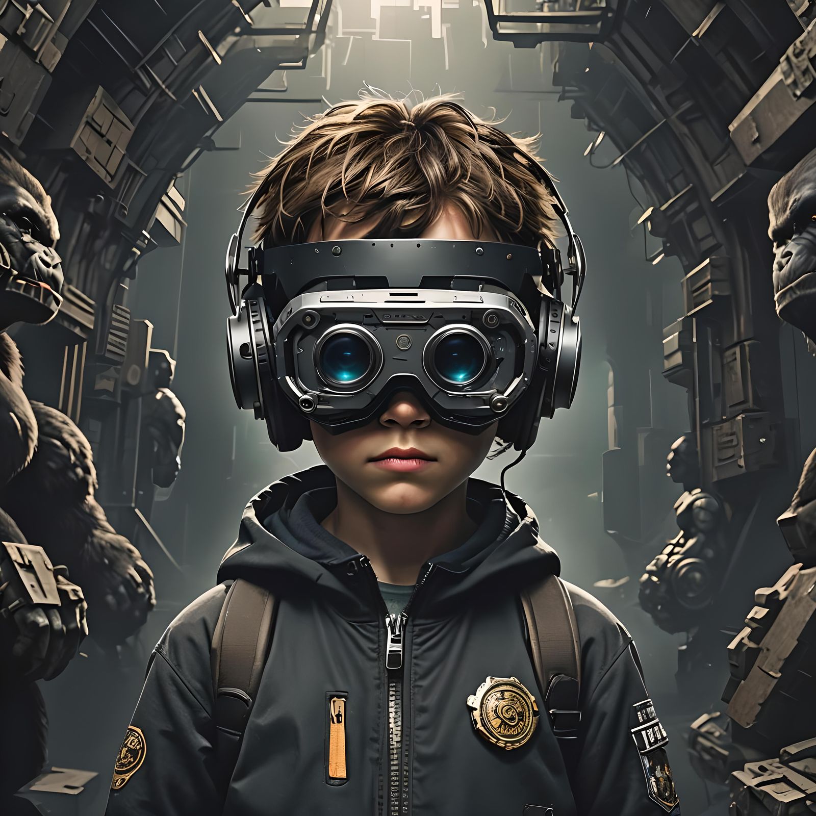Boy Immersed in VR Headset in Dystopian World