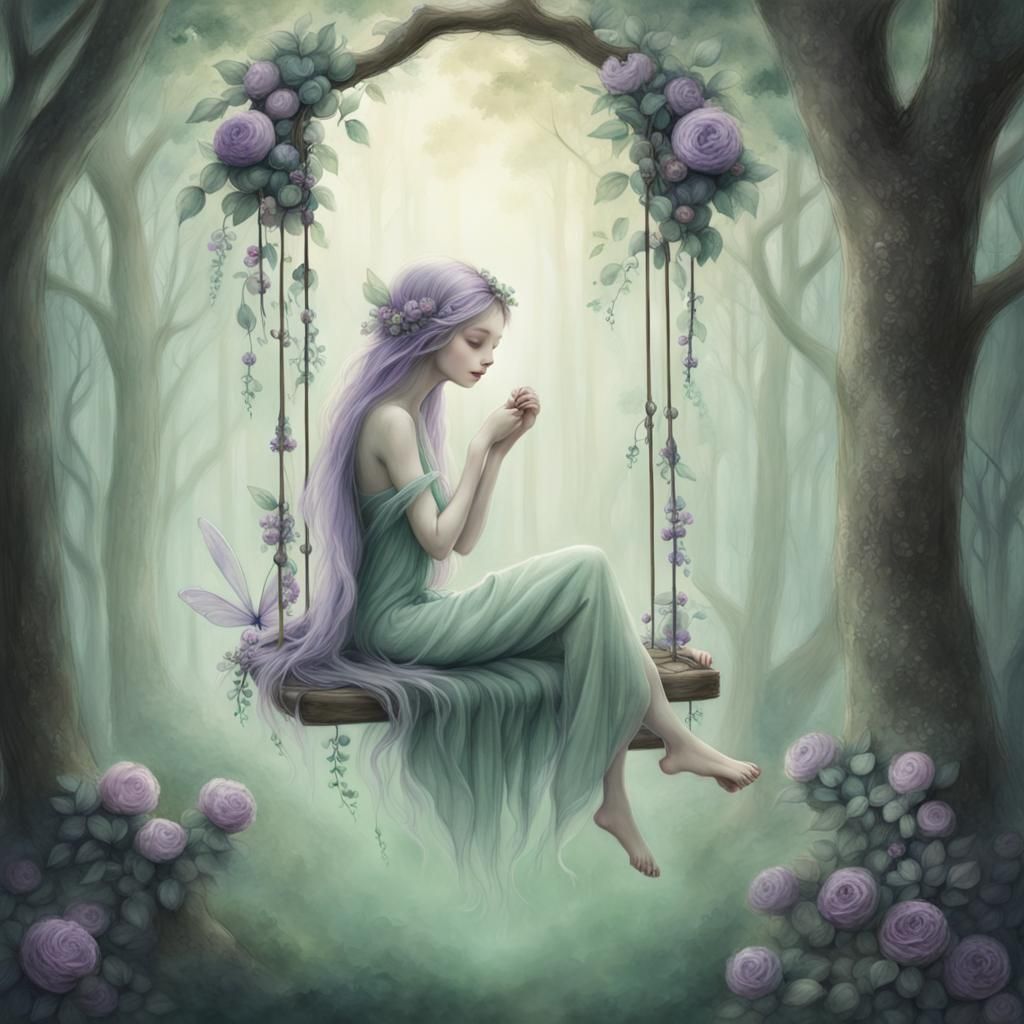 Fairy on Swing in Ethereal Watercolor Forest