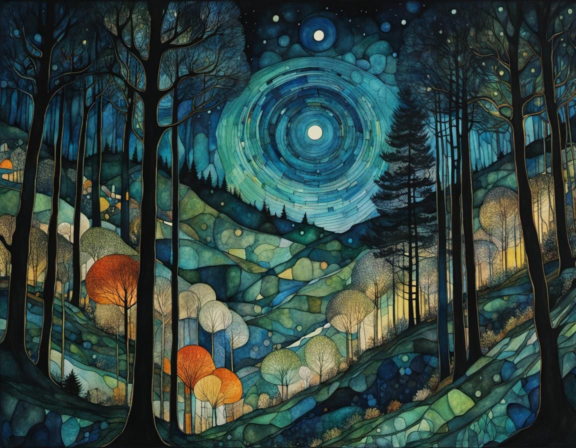 Magical Night Forest: Organic Line Drawing