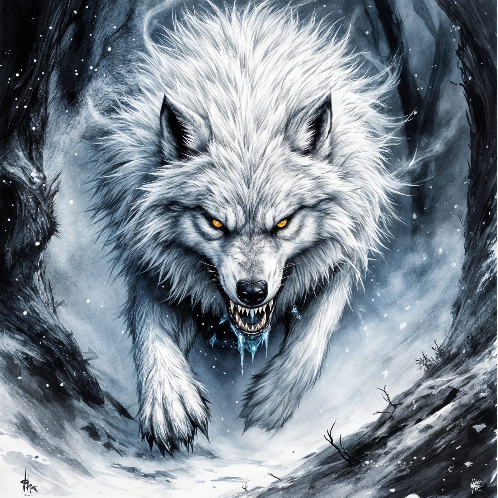 Frosty Wolf Emerges from Foggy Forest in Dark Fantasy Style