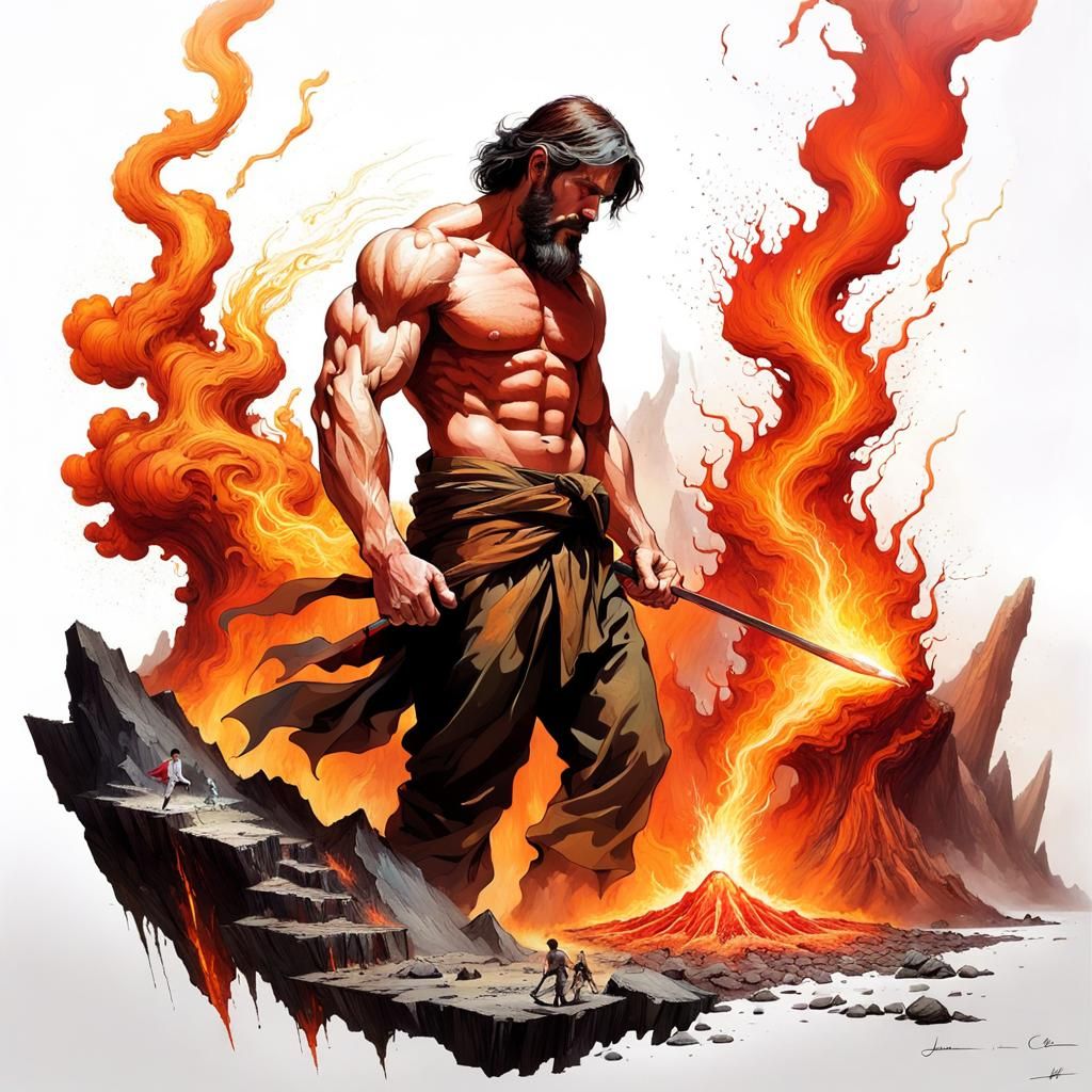 The God Hephaestus emerging from the burning volcano crater