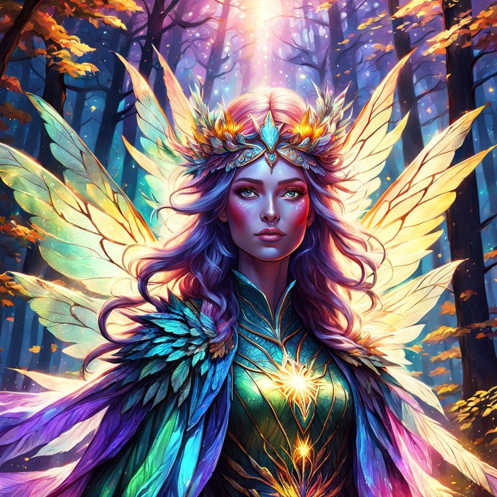 Fairy Queen in Forest with Golden Light, Digital Art