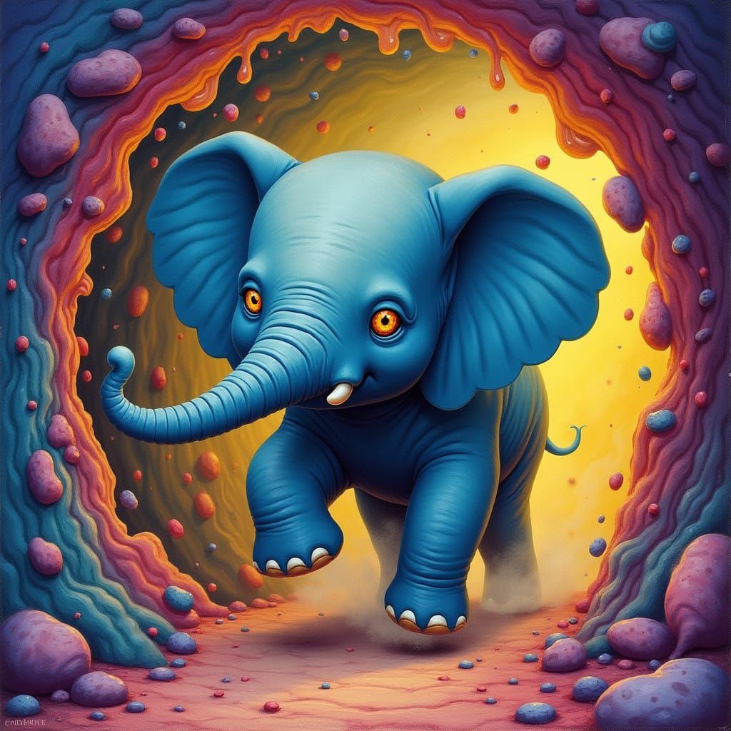 Nelly the Elephant in Vibrant Cave Landscape