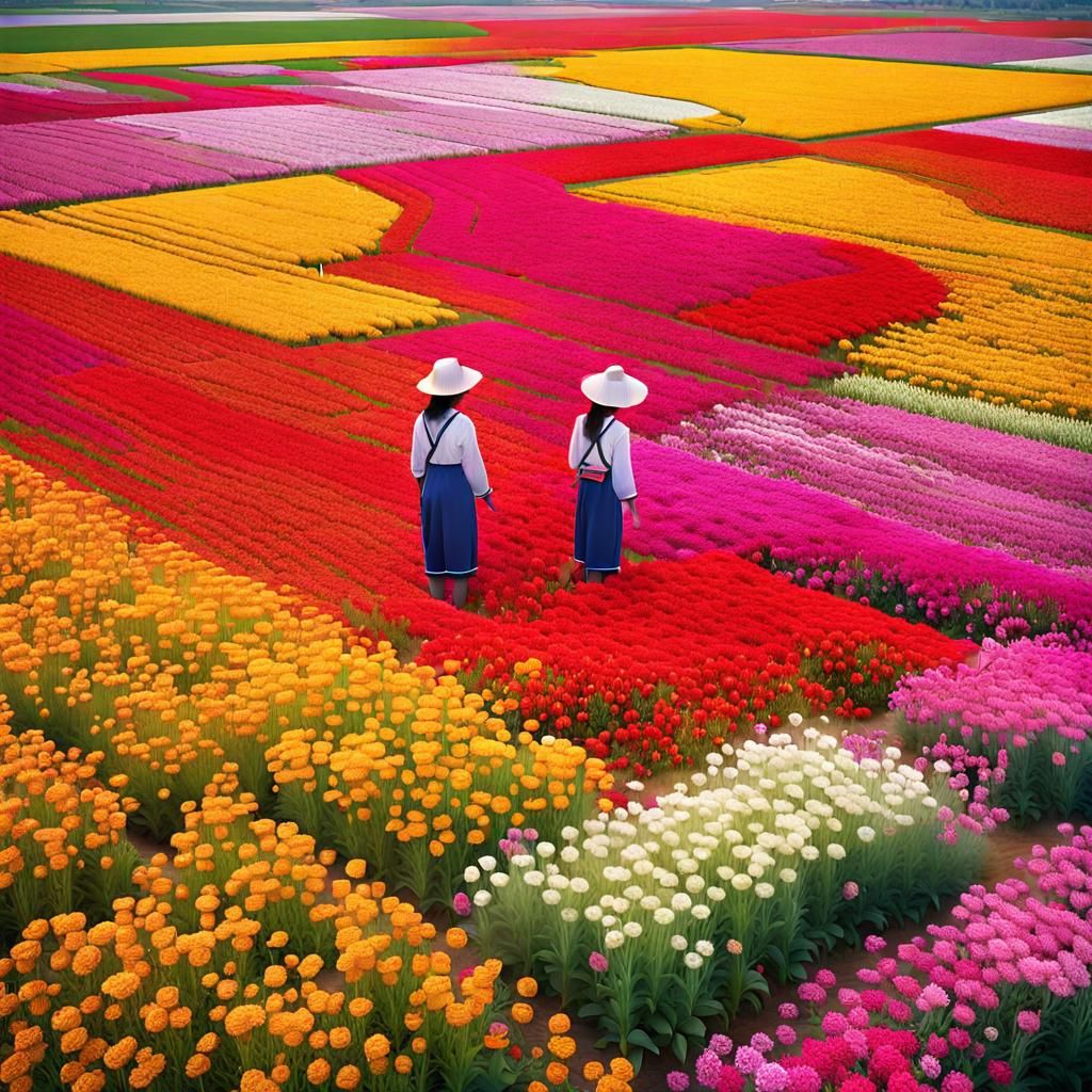 Aerial View: Girls in Textured Flower Field