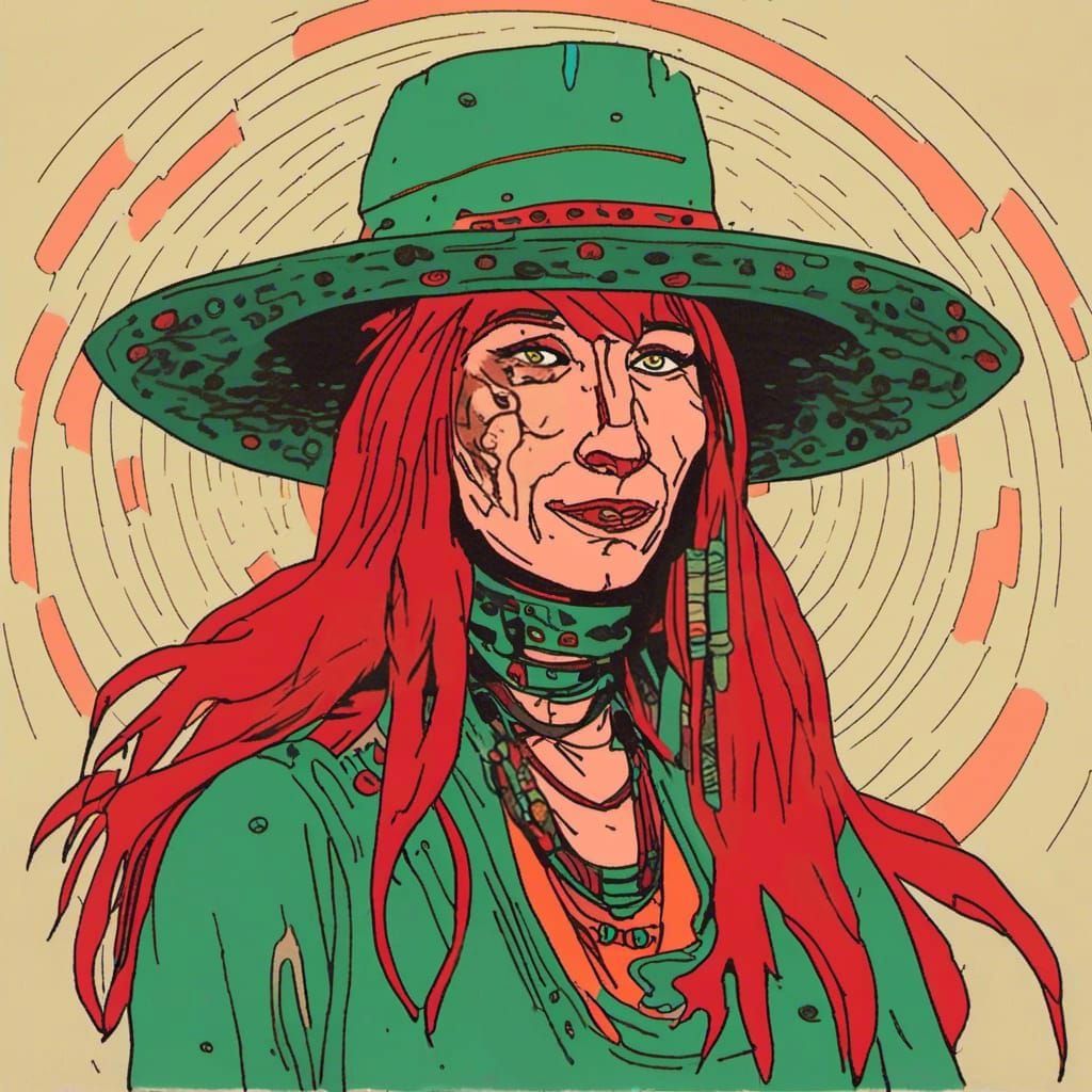 Red-Skinned Shaman in Moebius-Inspired Minimalism