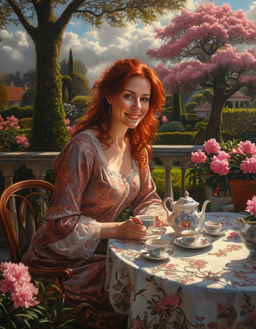 Auburn Woman in Garden: Chiaroscuro Oil Painting