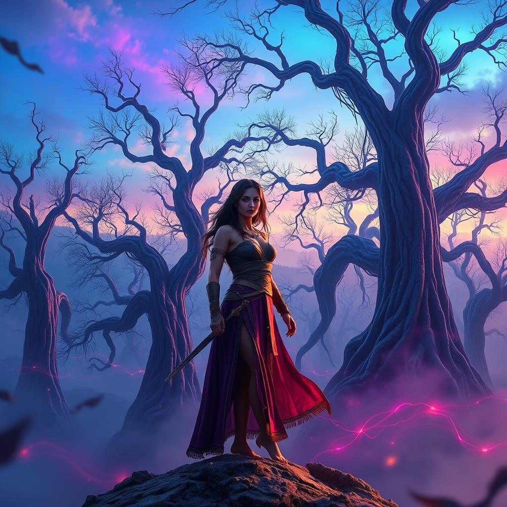 Serene Warrior Goddess Amidst Ethereal Forest