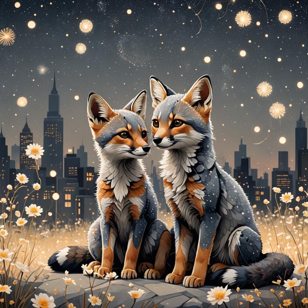 Fox Kits in Geometric Starscape, Cubist Art