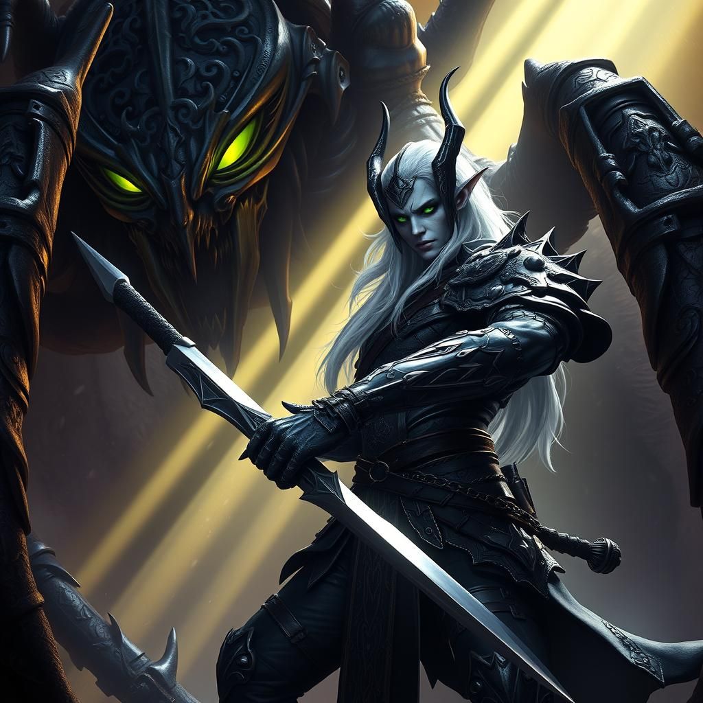 Drow Warrior Confronts Spider Queen in Dark Fantasy Style