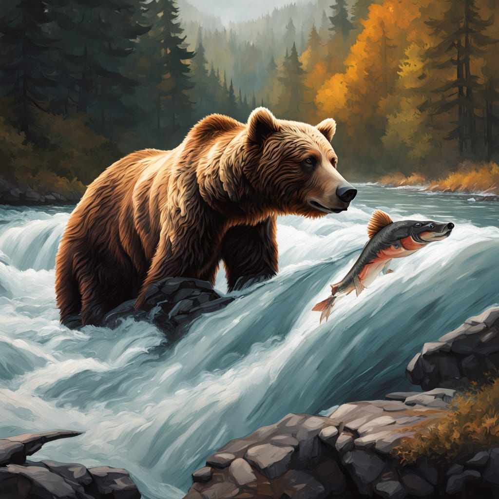 Brown Bear Catches Salmon in Sun Dappled Forest