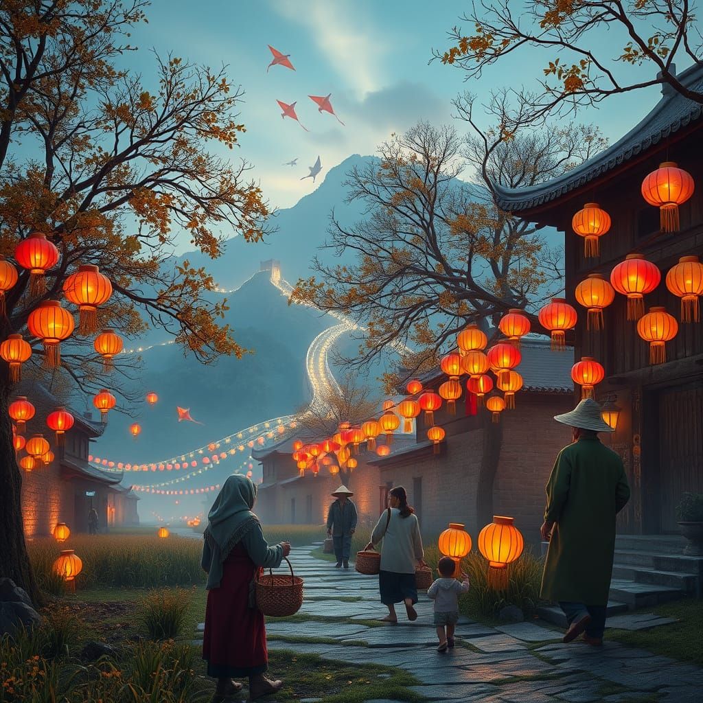 Chinese Villagers Prepare Glowing Lanterns Near Great Wall