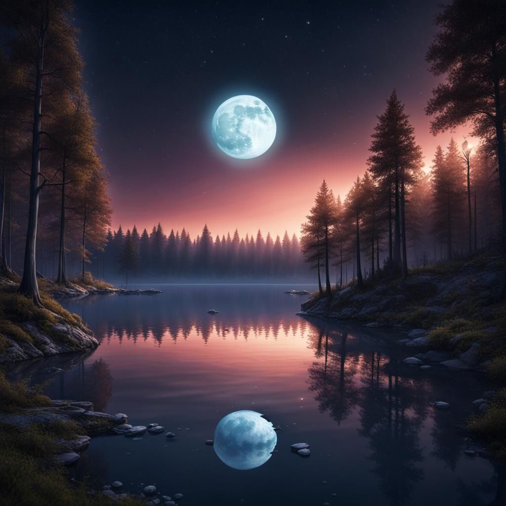 Enchanted Lake Under Moonlight: Fantasy Concept Art