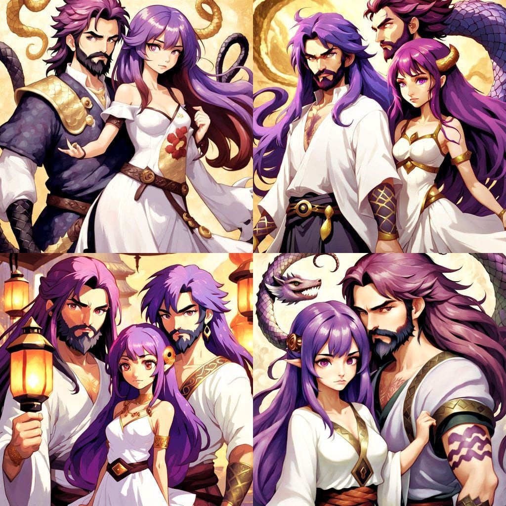 Purple-Haired Lamia Woman with Bearded Man