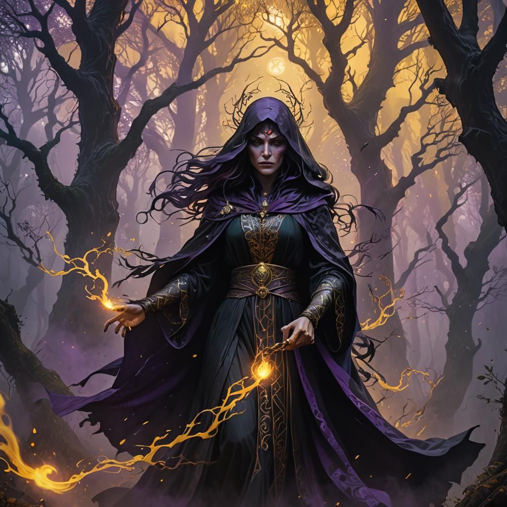 Eerie Witch in Misty Forest, Alphonse Mucha Style