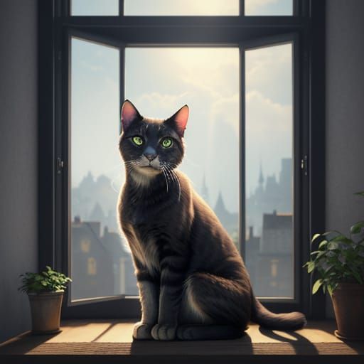 Majestic Cat on Windowsill in Sunlit Room