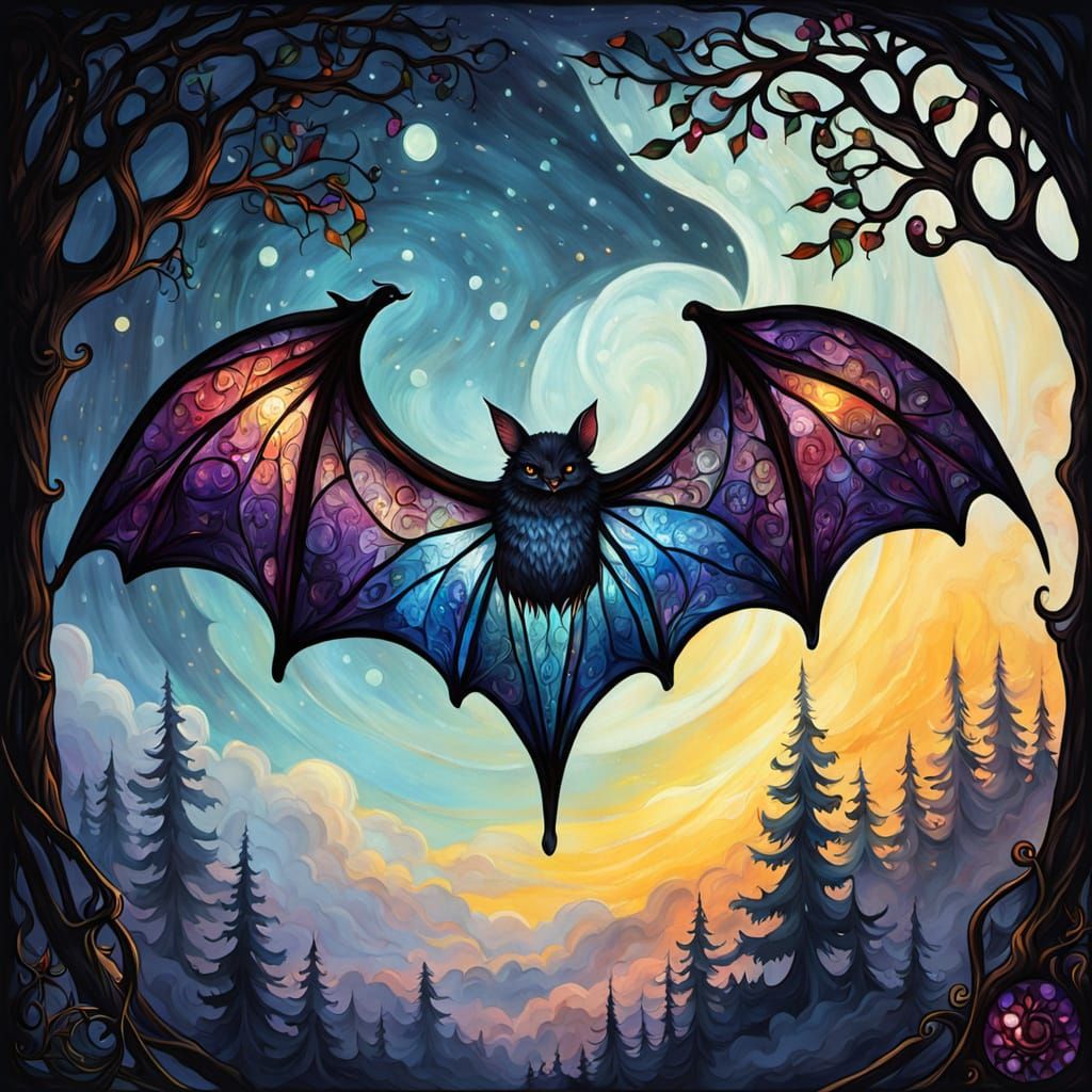 Glass Bat Takes Flight in Whimsical Nighttime Scene