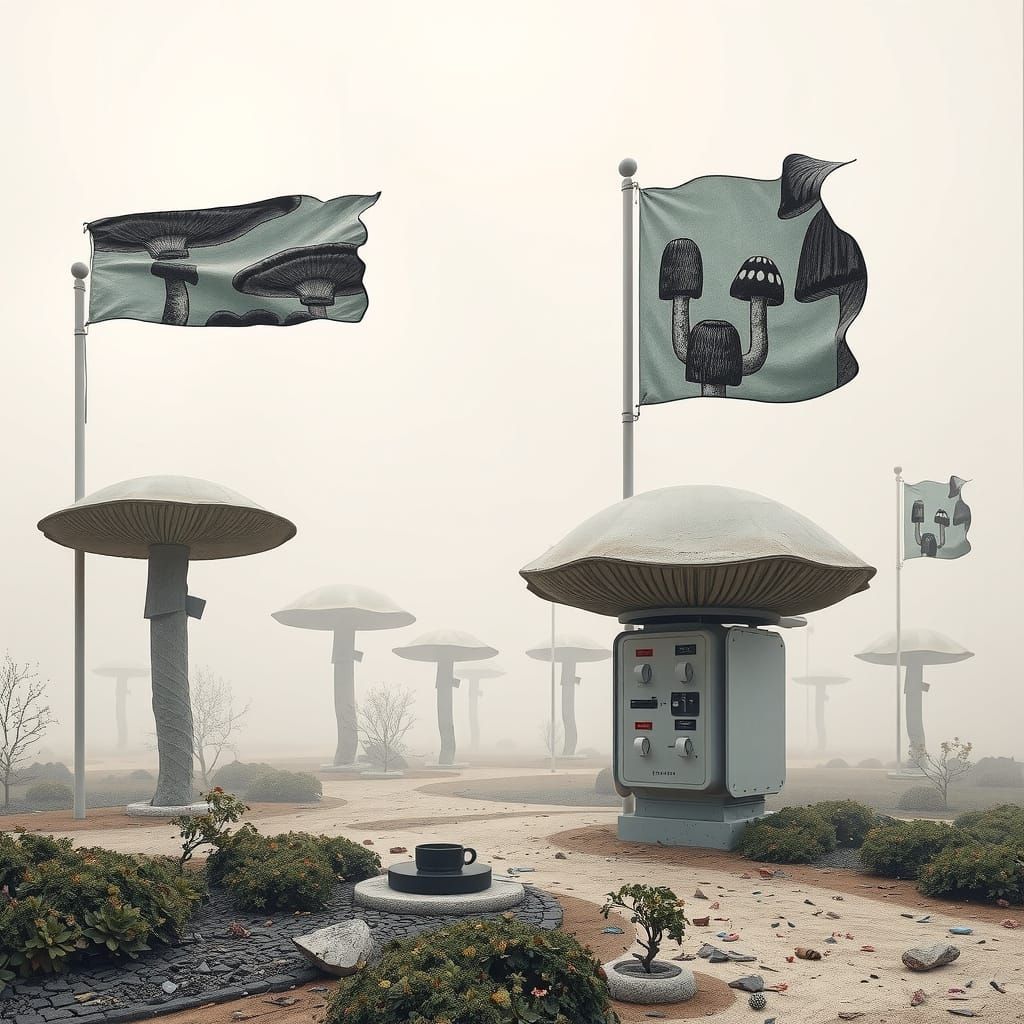 Hyperreal Mushroom Landscape with Futuristic Elements