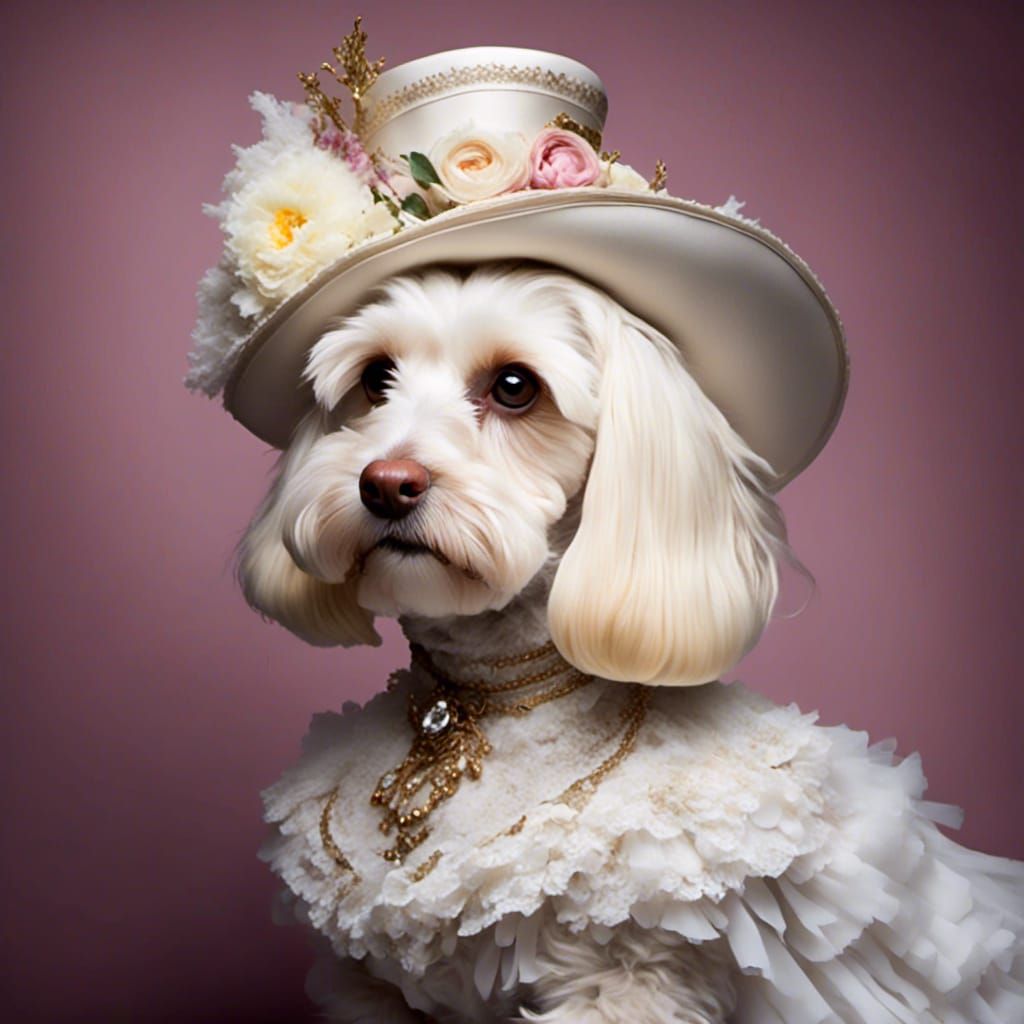<lora:magination v2:1.0> prompt  : a white cockapoo dressed in fancy victorian clothing