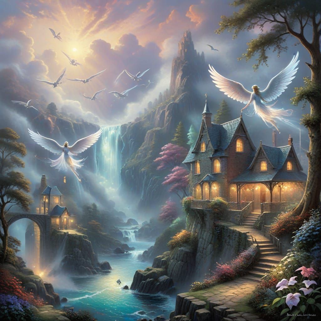Ethereal Angel Wings in Misty Fantasy Landscape