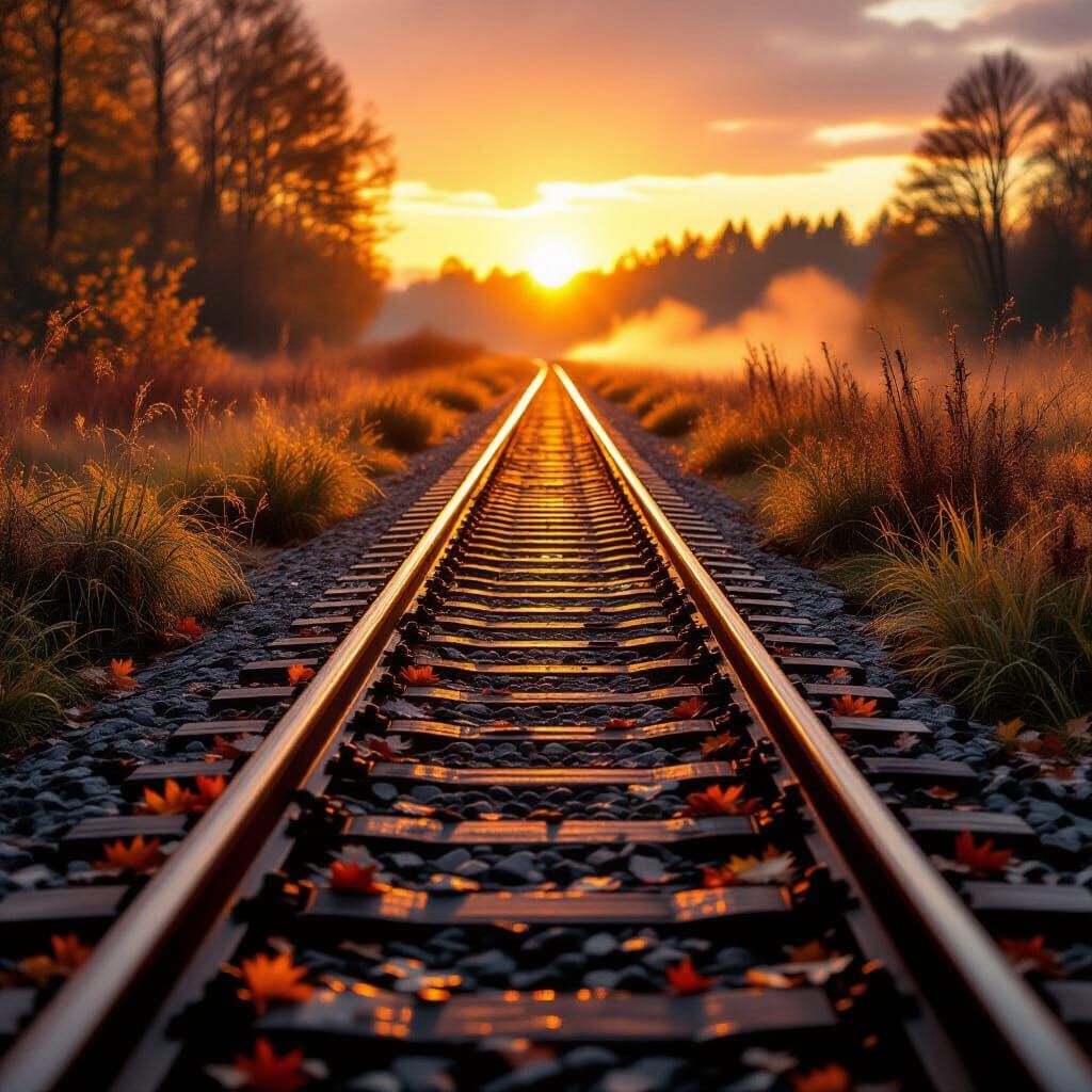 Autumn Sunset on Abandoned Railway Track