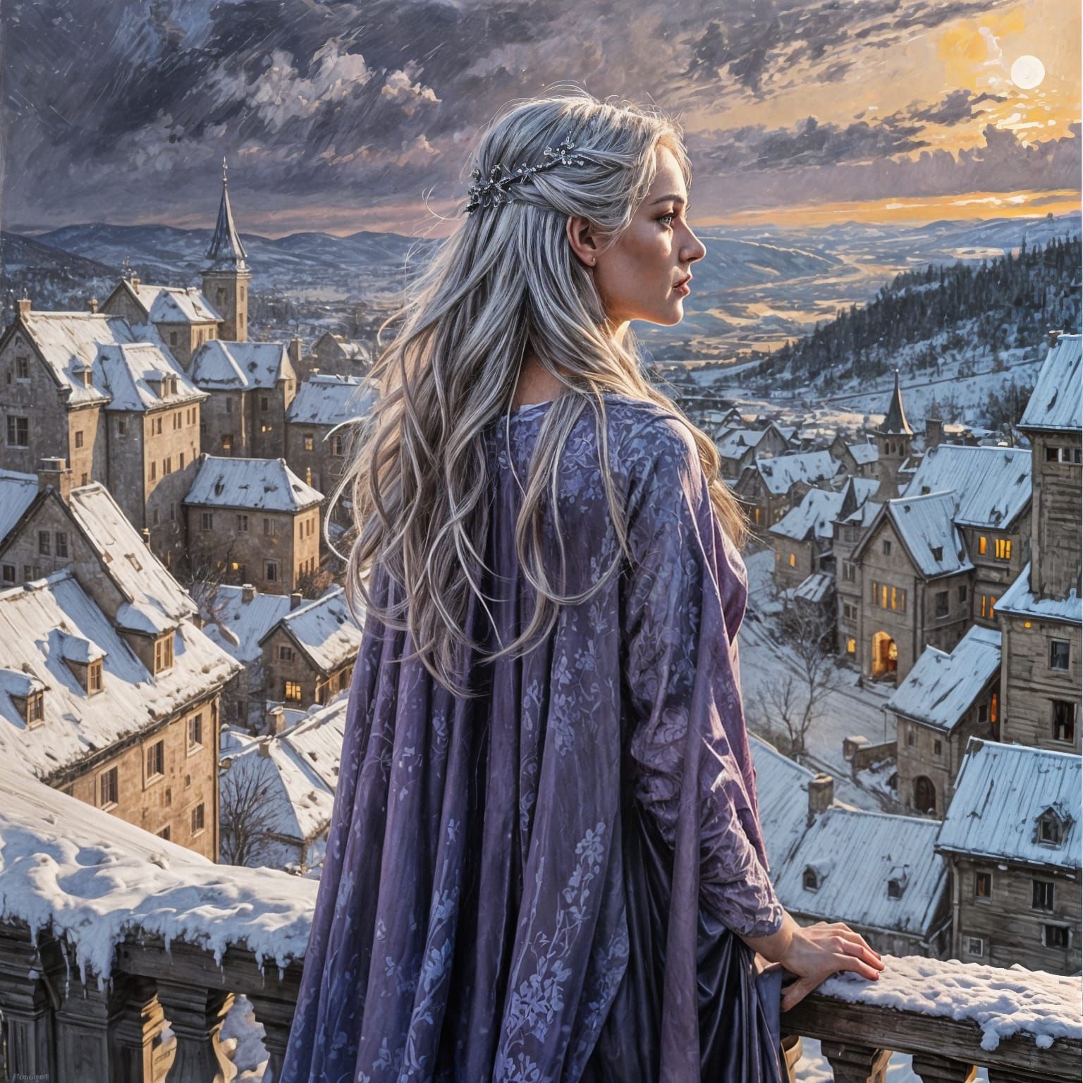 Elegant Norse Goddess Enjoys Snowy Village Sunset