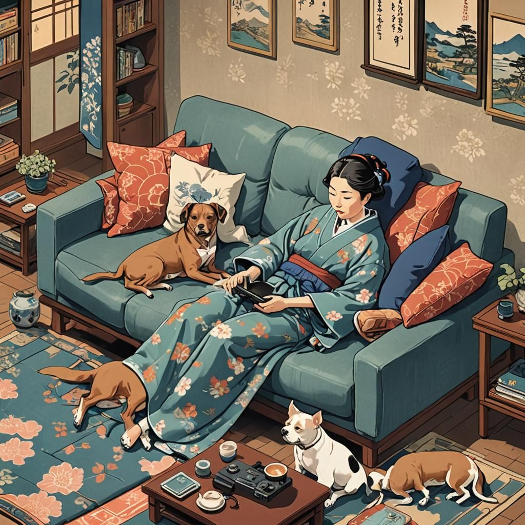 Woman Gaming with Dogs, Ukiyo-e Woodblock Style