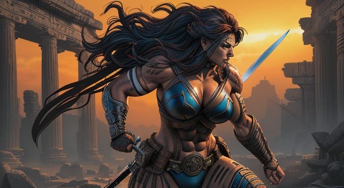 Warrior Princess Prepares for Battle in Comic Art Style