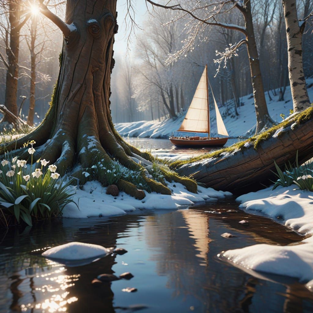 Surreal Snowdrops Bloom Amidst Birch Tree, Miniature Sailboa...