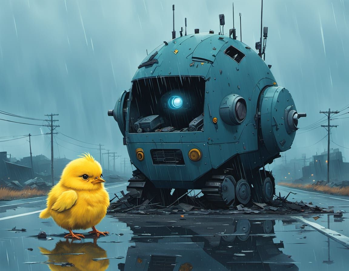 Cute Chick in Robot Eye Socket, Moody Digital Art