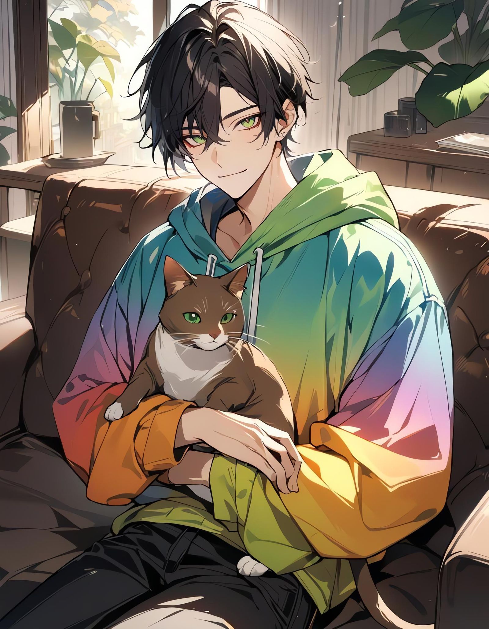 Boy with Cat in Sunlit Living Room