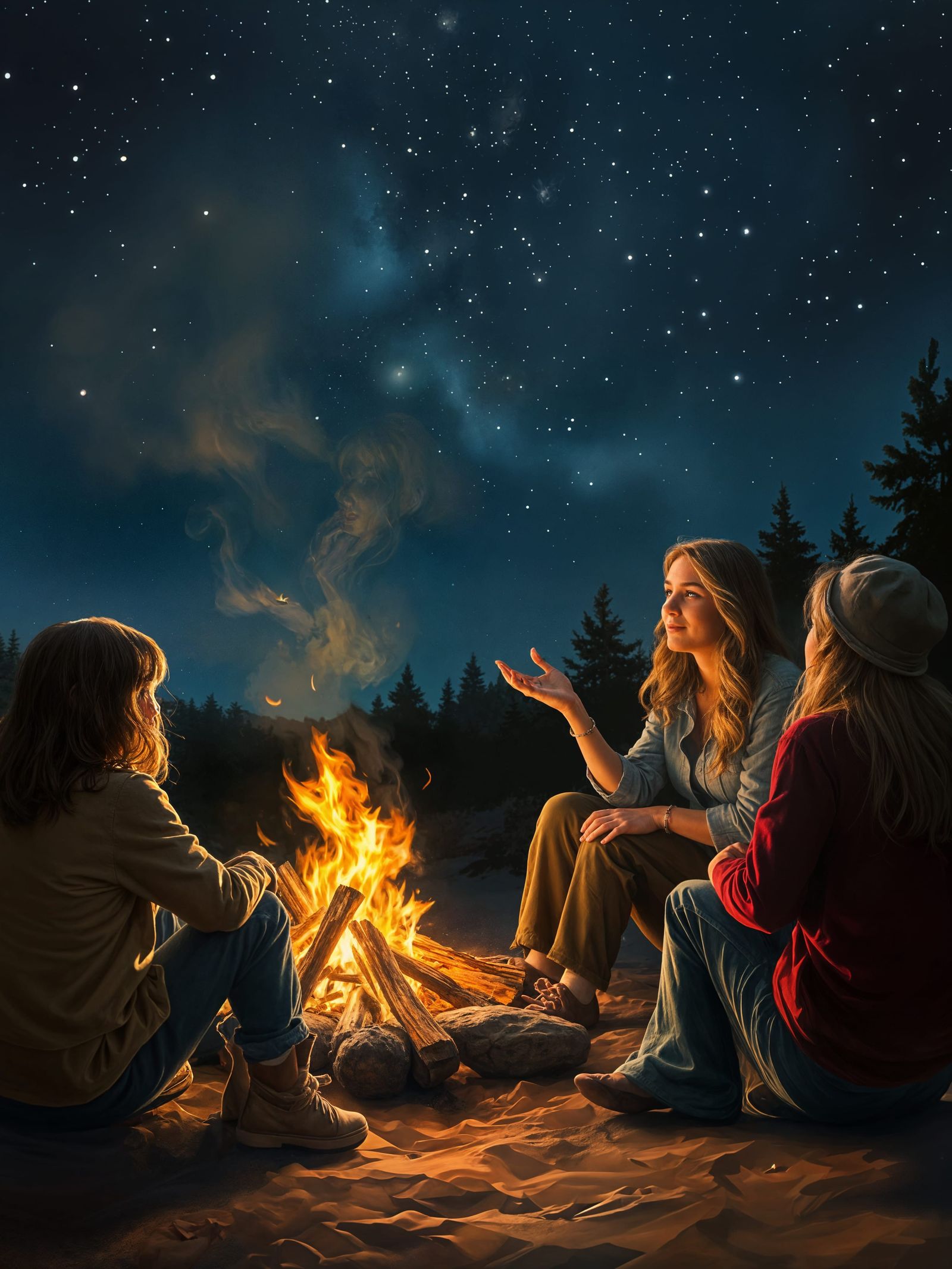 Cozy Campfire Gathering in Realistic Oil Painting Style