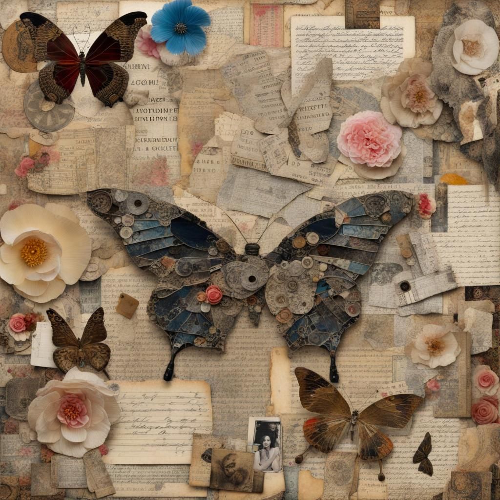 Camellia and Butterfly Collage in Mixed Media