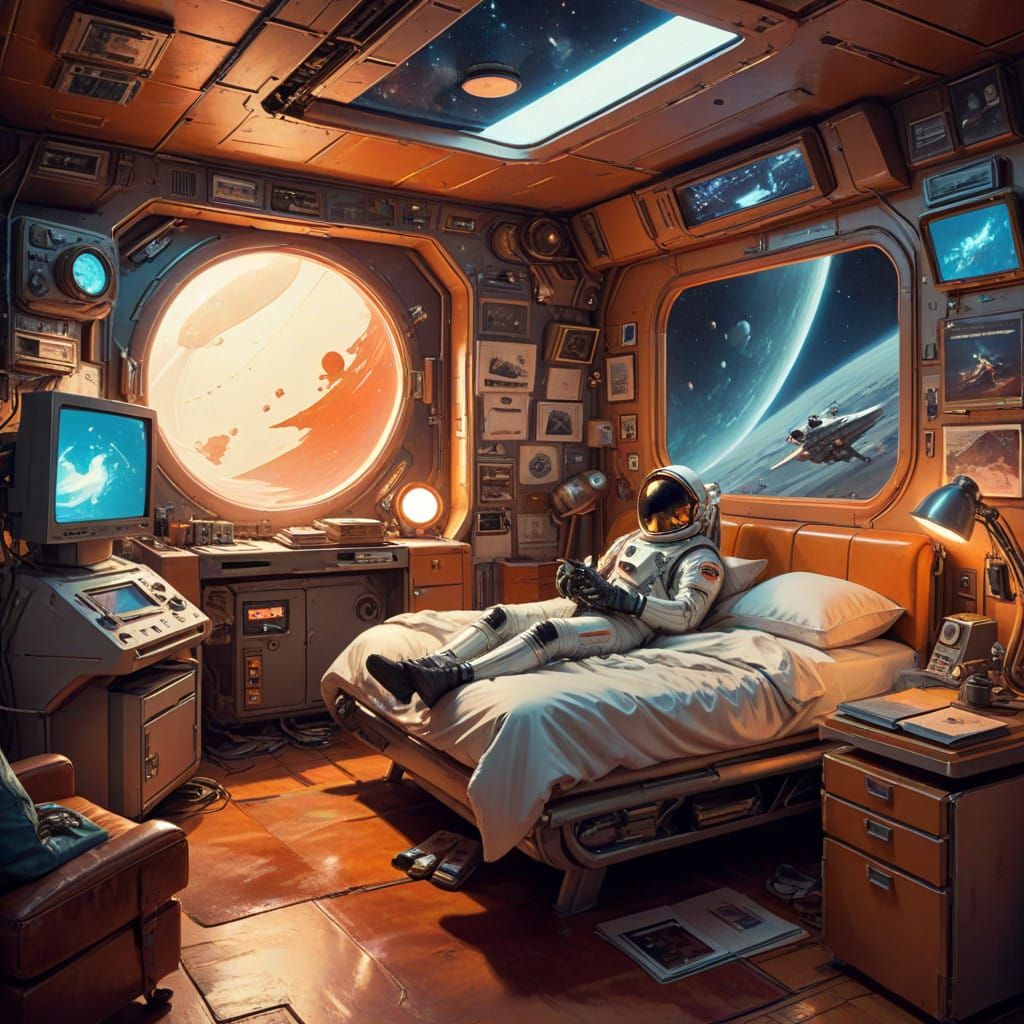 Retro-Futuristic Space Station Bedroom in Warm Glow